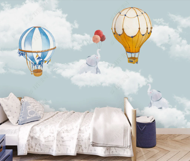 3D Hand Drawn Sky Hot Air Balloon Animal Elephant Cloud Wall Mural Wallpaper Lll 2779