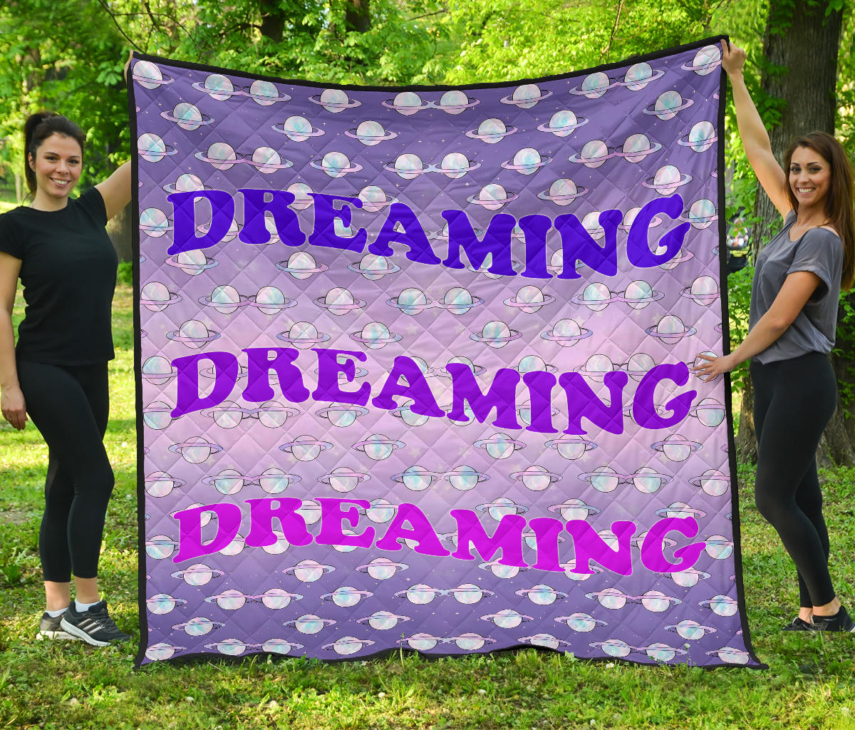 Dreaming Text Sweet Purple Theme Planet Patterns Premium Quilt Blanket