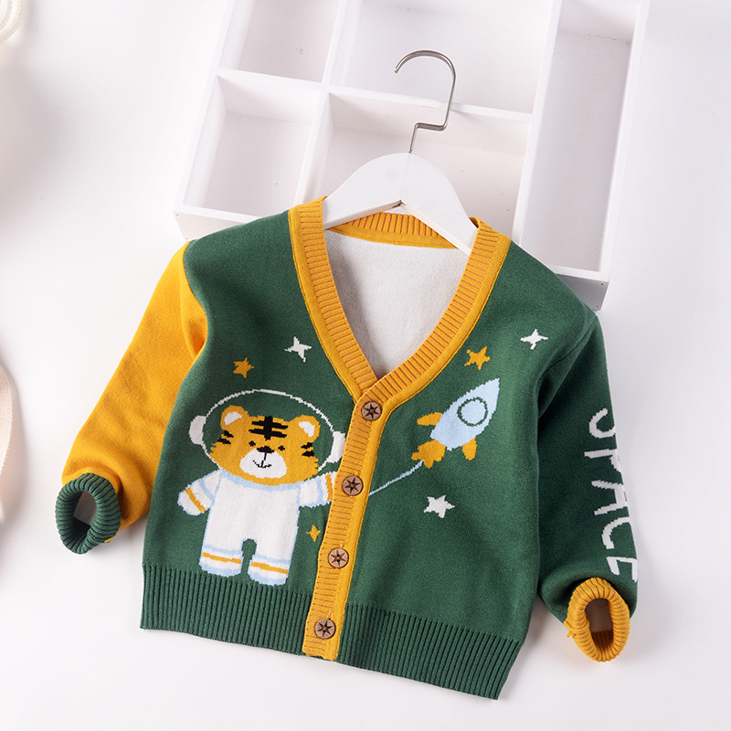 Baby Boy Sweater Cardigan Coat 2022 Autumn Winter Jumper Children Sweaters Kids Knit Clothes Cartoon V-Neck Toddler Spliced 2-7y alx