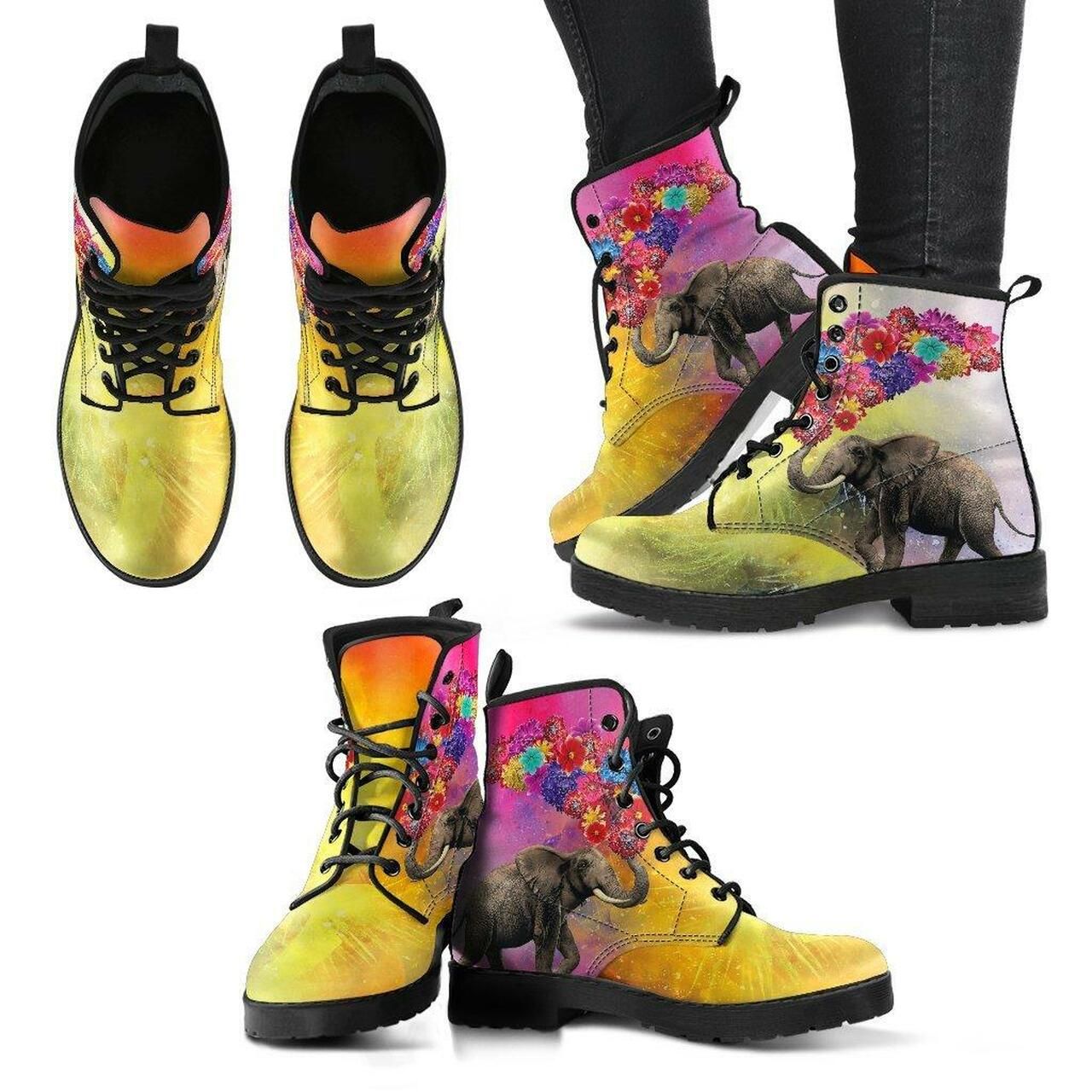 Elephant With Flowers Handcrafted Leather Boots Fashion Women Boots Shoes Shoes6176