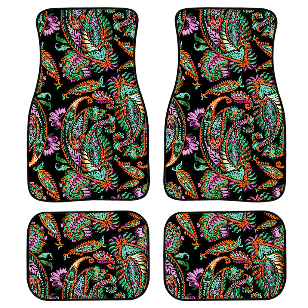 Green Orange And Pink Paisley Print Front And Back Car Floor Mats, Front Car Mat