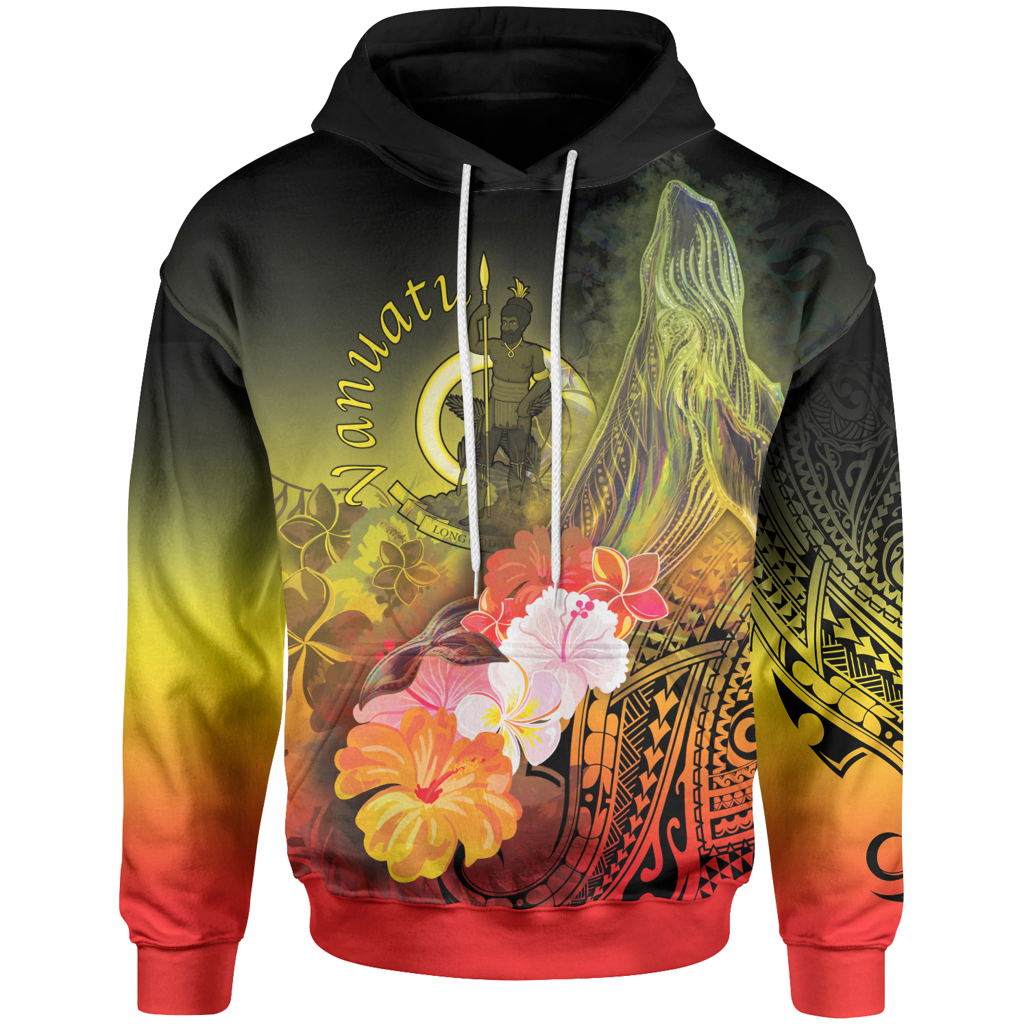 Vanuatu Hoodie – Humpback Whale With Tropical Flowers (Yellow)