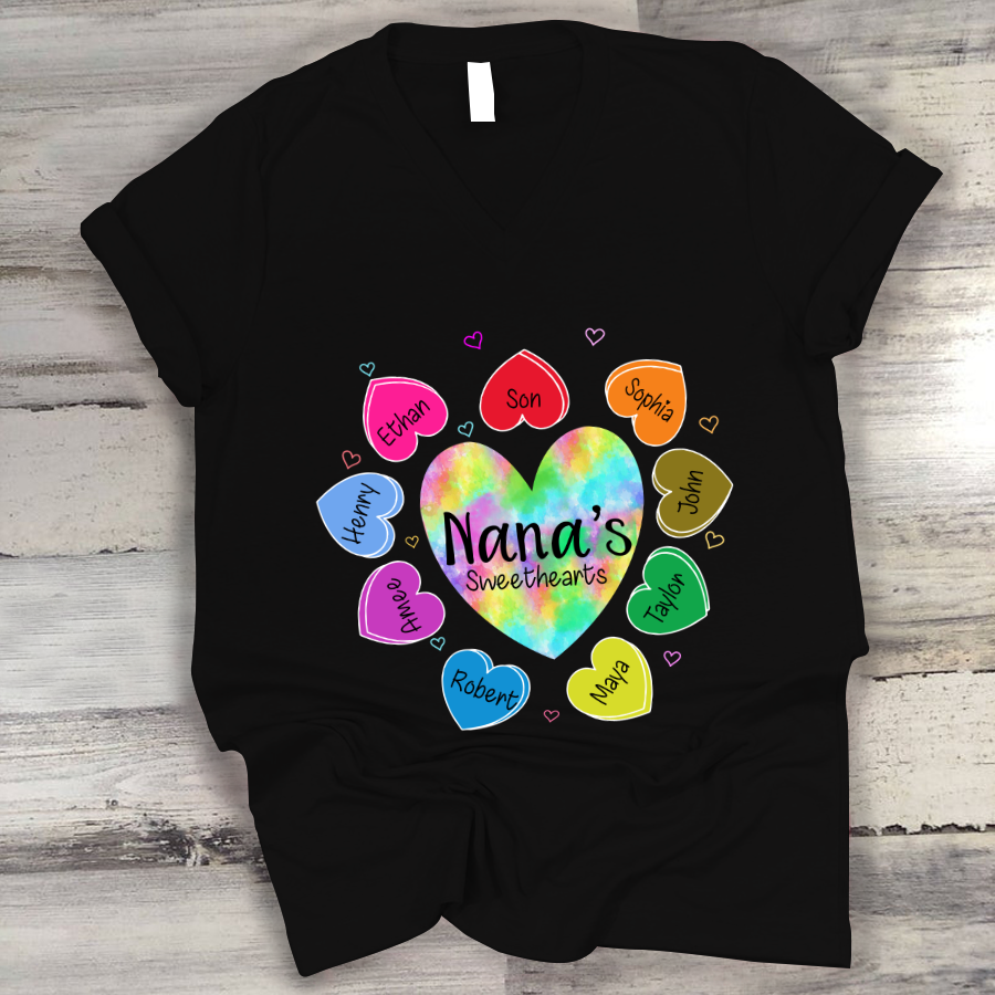 Grandma Sweethearts With Grandkids Colorful Hearts V-Neck