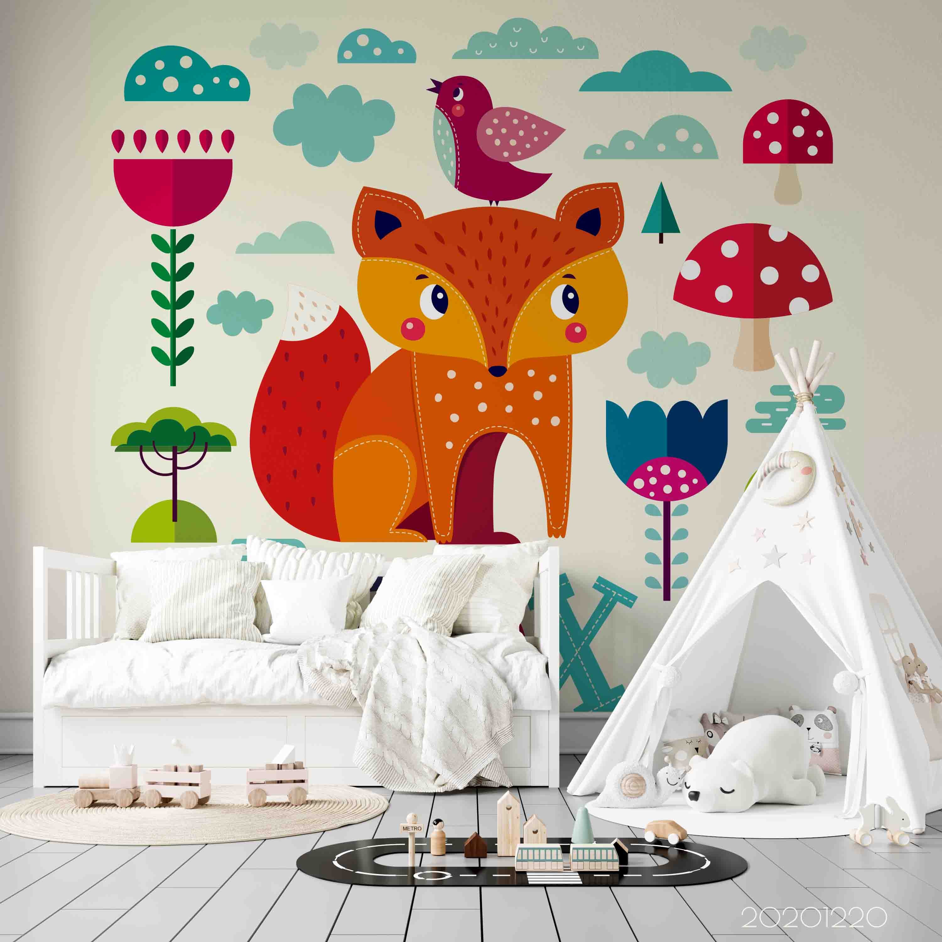 3D Hand Drawn Animal Fox Bird Mushroom Floral Wall Mural Wallpaper Lqh 143