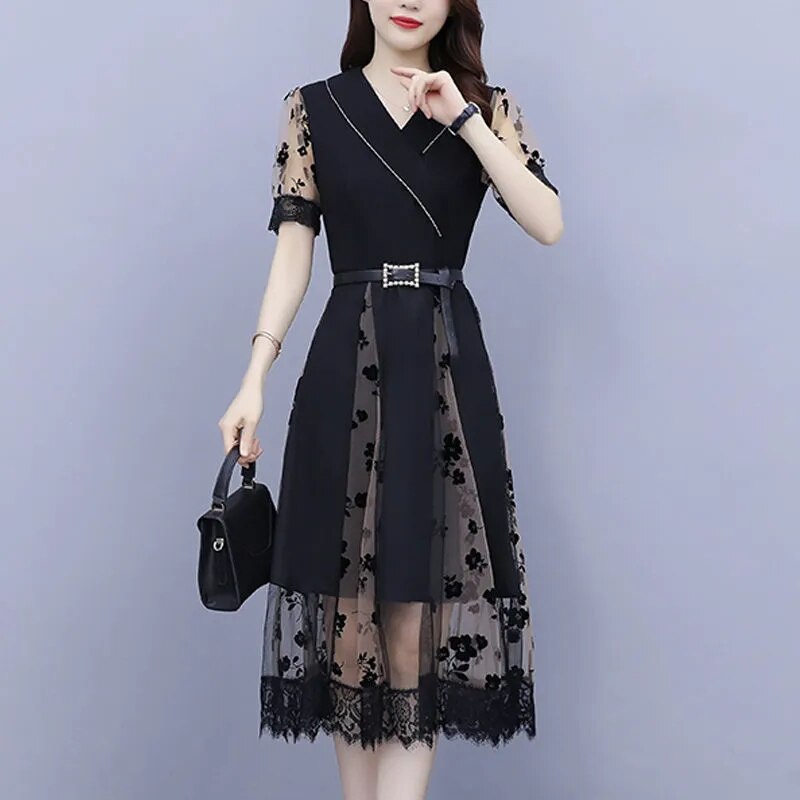 Black Patchwork Mesh Pleated Floral Dress Women Vintage Short Sleeve Belted Midi Party Dresses Vestidos De Mujer Casual Elegante alx