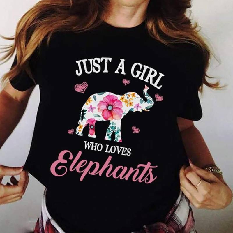 Just A Girl Who Loves Elephants White Elephant Silhouette With Flowers And Leaves Hearts Blooming Red Poppies Gift For Elephant Fangirls Black Men And Women T Shirt S-5Xl