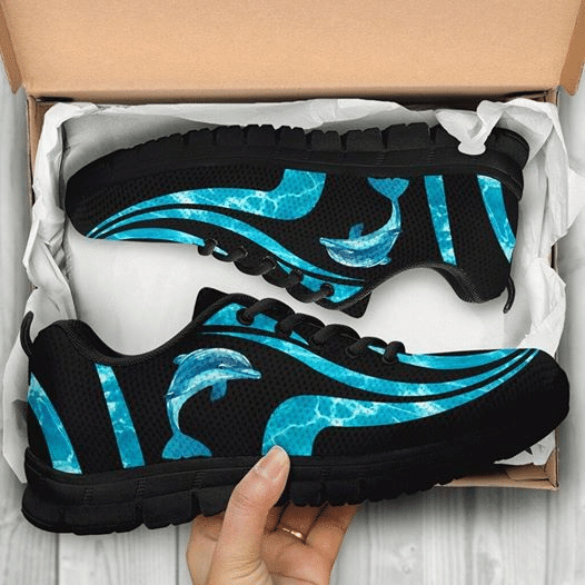 Blue Bling Dolphin  Ocean Shoes Running Birthday Gift Fashion Black Shoes Fly Sneakers