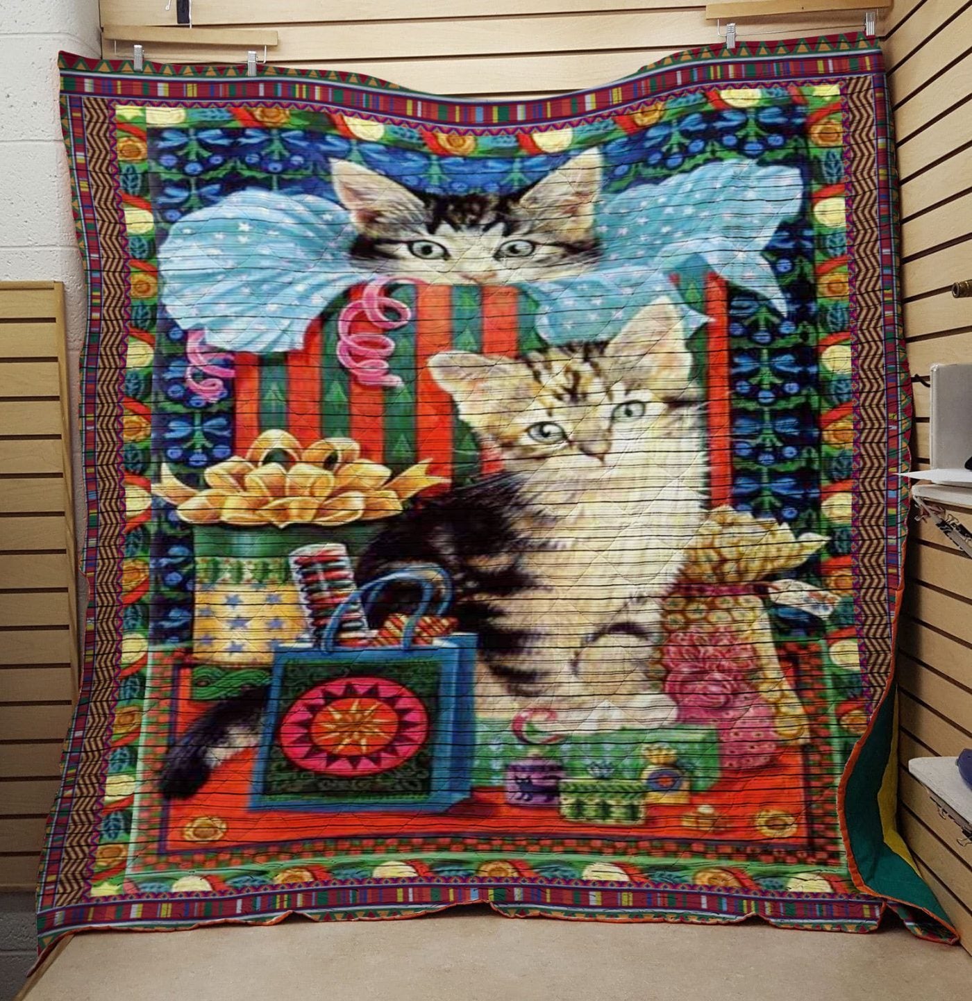 The Cat Next To The Gift Kitten Quilt Blanket