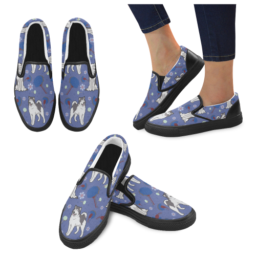 Alaskan Malamute Flower Black Women’s Slip-on Canvas Shoes