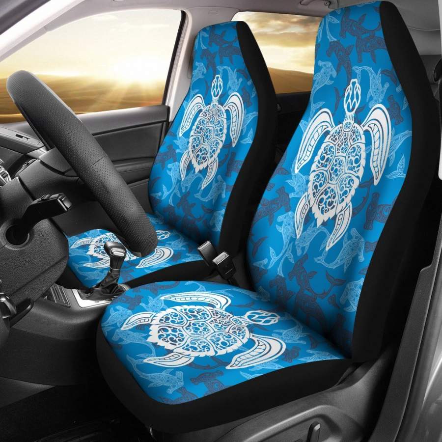 Blue Hawaiian Shark Sea Turtle Pattern Print Universal Fit Car Seat Cover