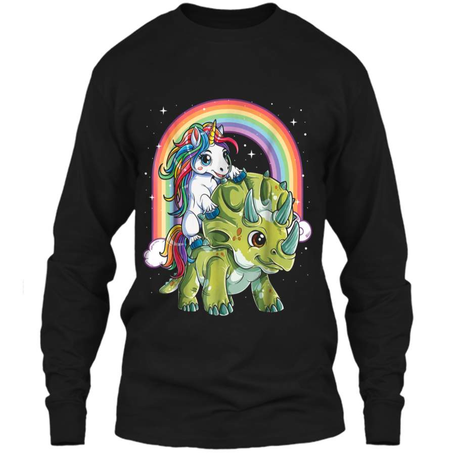 Unicorn Riding Dinosaur Triceratops Party Rainbow LS Ultra Cotton Tshirt