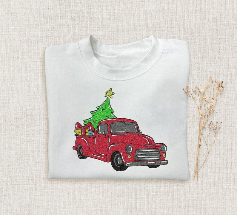 Red Harvest Truck Christmas Embroidered Sweatshirt