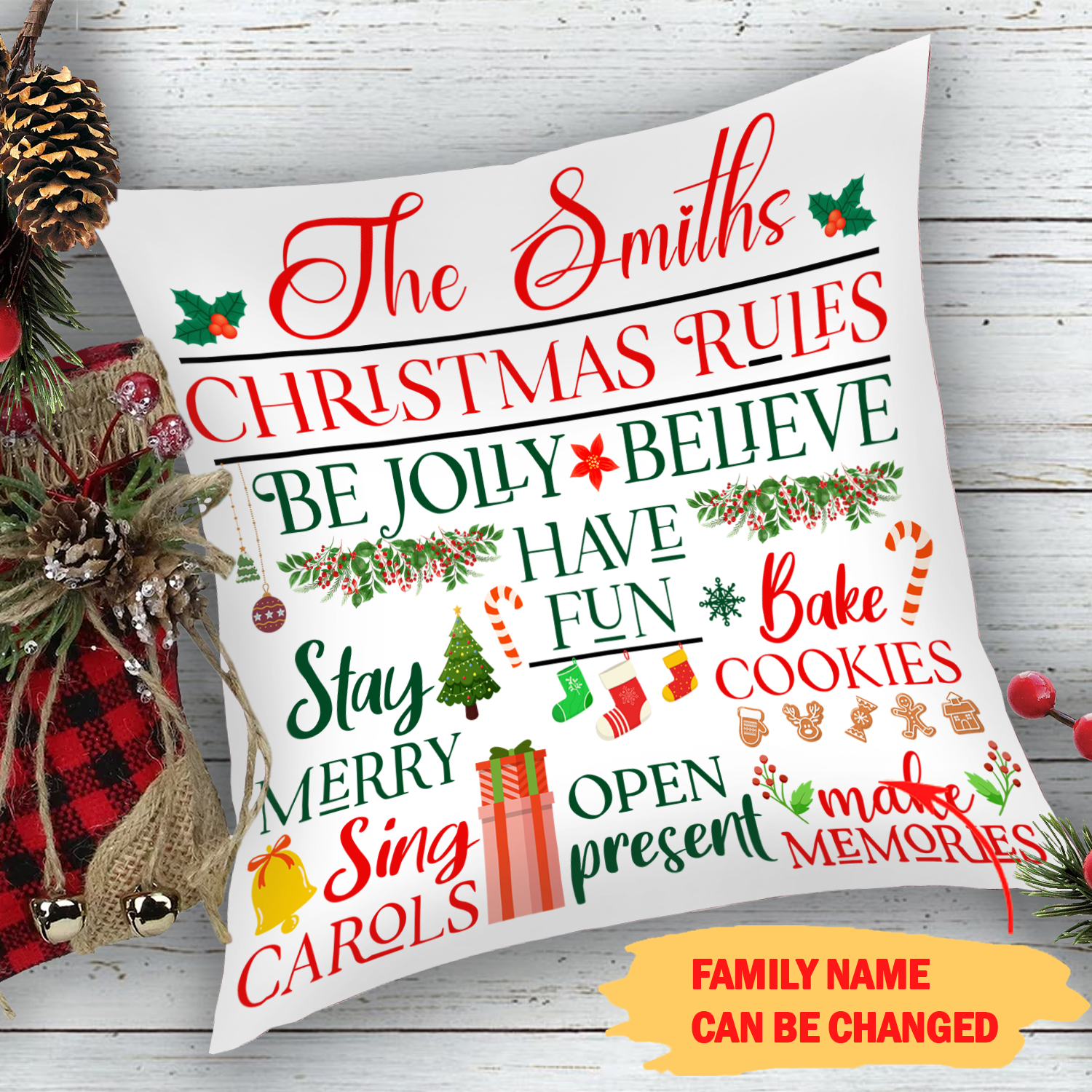 Christmas Family Rules – Personalized Custom Pillow – Christmas Gifts