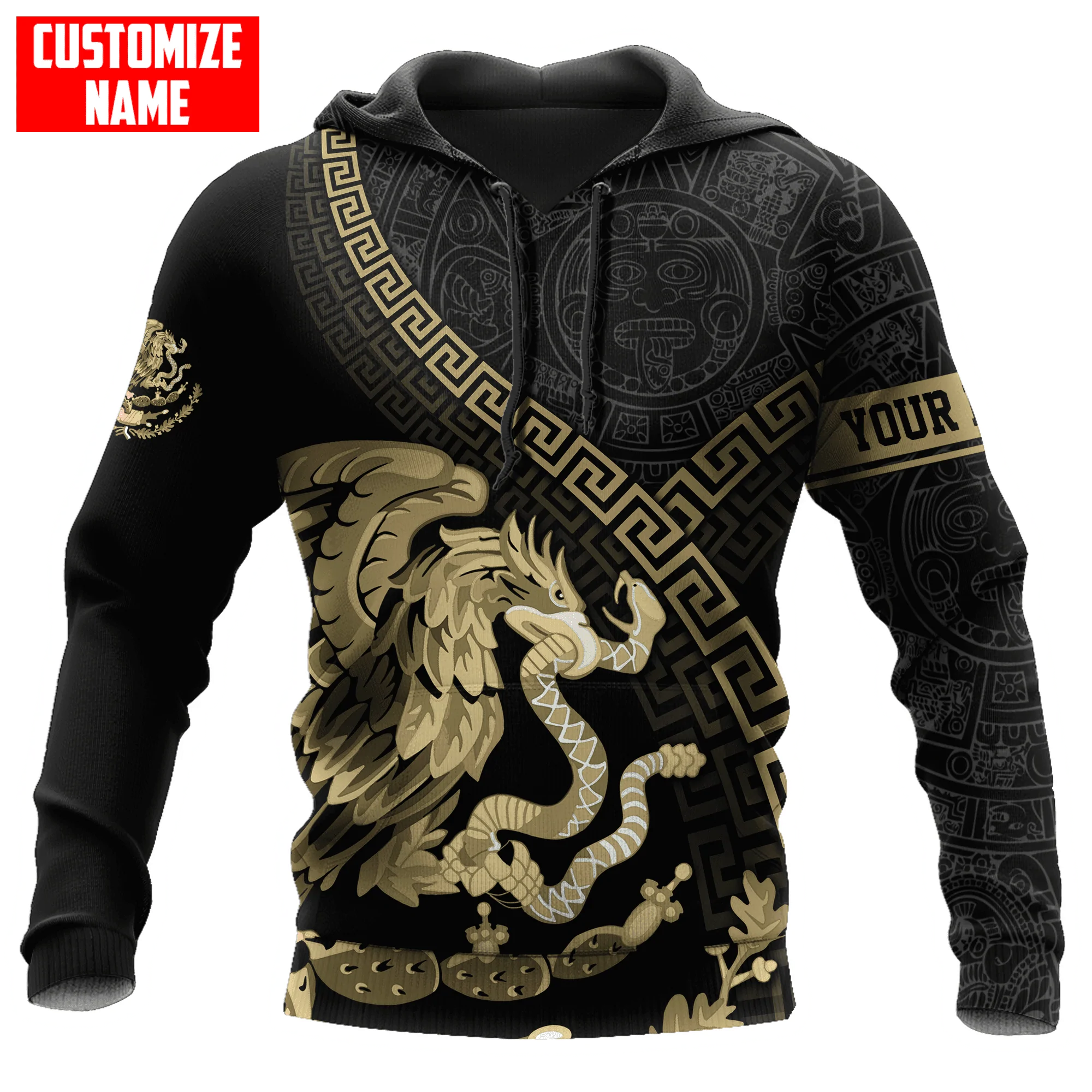 Personalized Mexico Aztec Gold Hoodie, Mexican Aztec Hoodie 3D For Men And Women, Aztec Hoodie