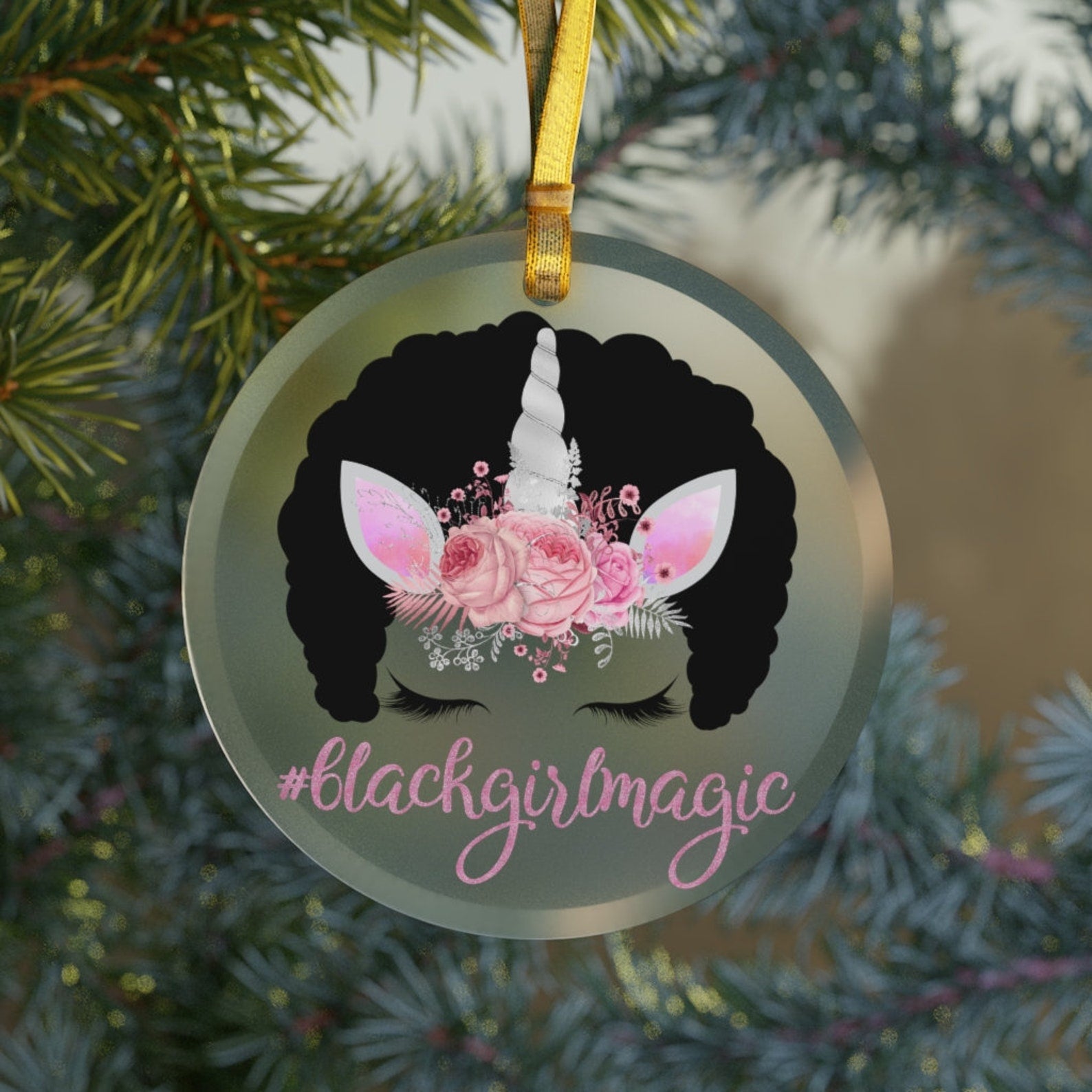 Pink Afro Unicorn Black Girl Magic Unicorn Giftsunicorn Holiday Decoration Floral Christmas Ornament