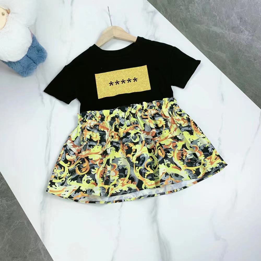 2022 high-end custom summer girls’ dress splicing features printed fake two dresses alx