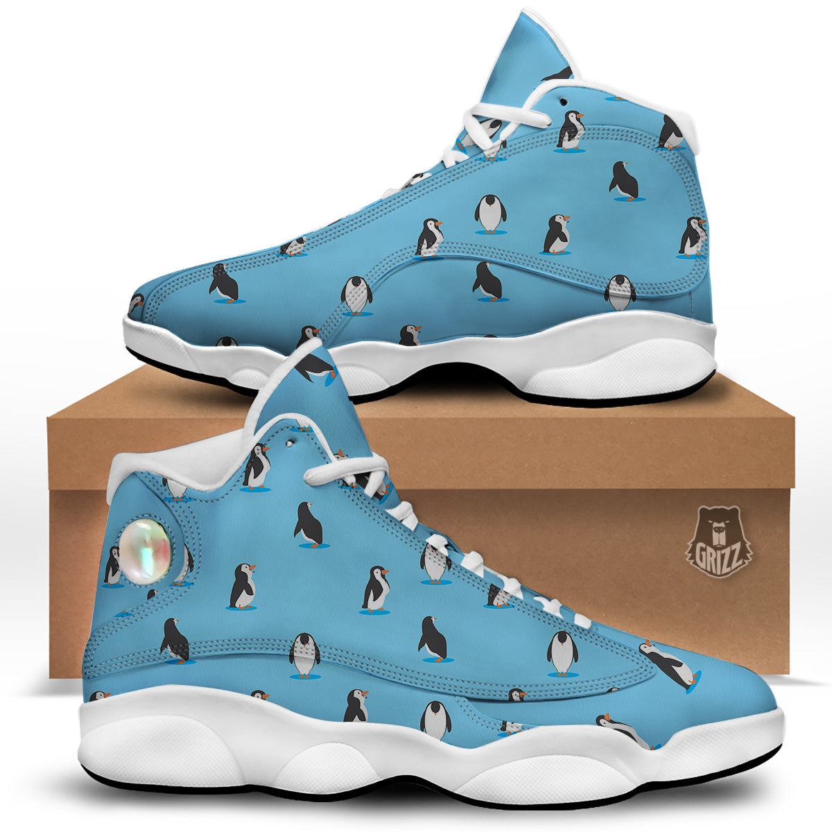 Blue Cute Penguin Print Pattern White Basketball Shoes