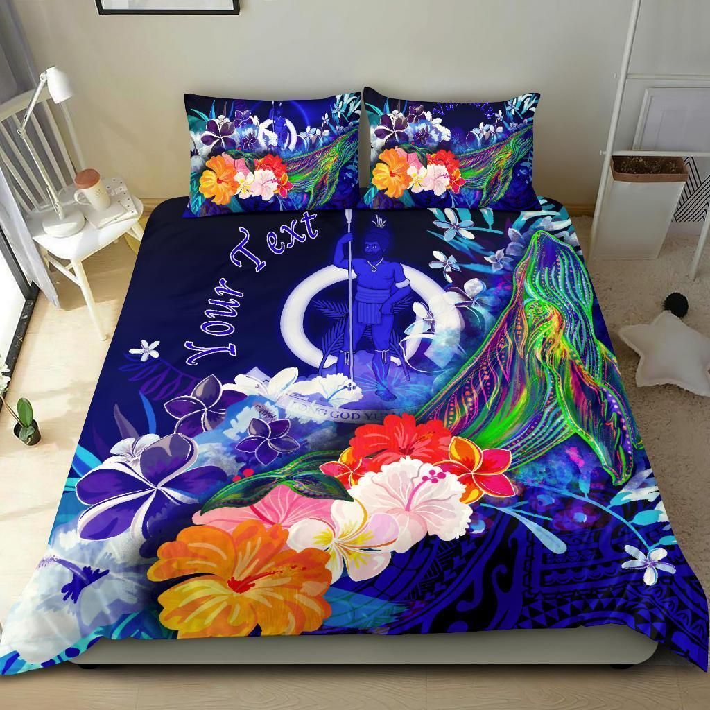 Alohawaii Bedding Set – Cover And Pillow Cases Vanuatu Custom Personalised – Humpback Whale With Tropical Flowers (Blue)- Bn18