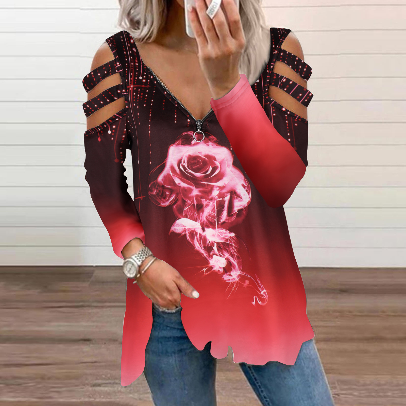 Autumn Winter New Women’s Fashion Elegant Loose Long-sleeved Top Tshirt Floral Print Off Shoulder Pullover Casual Tee Shirt alx