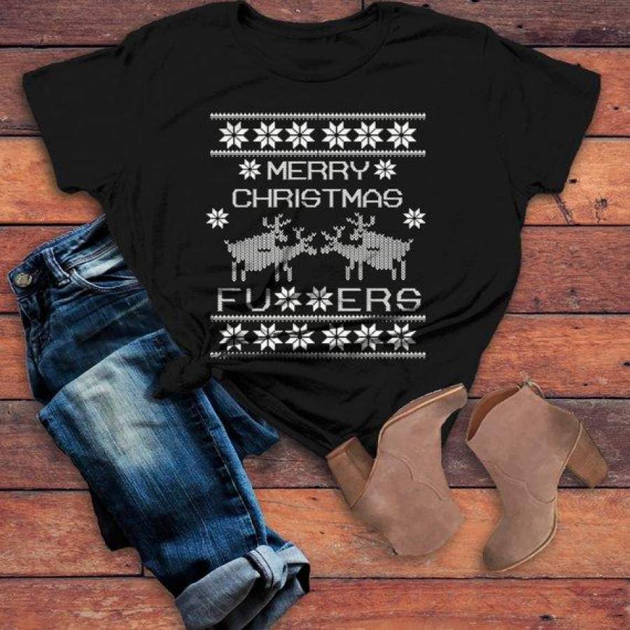 Women’s Funny Christmas Shirt Merry Christmas F**kers T-Shirt Deer Shirt Offensive Christmas Shirt Ugly Shirts