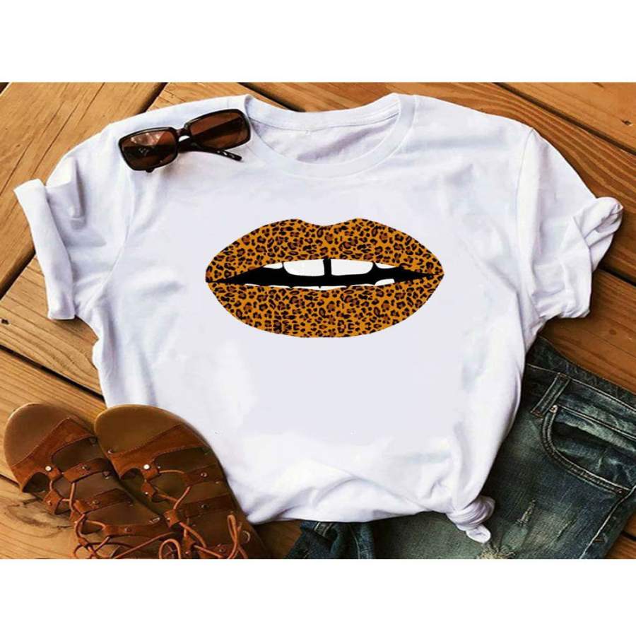 Women’s Star Leopard Lip Print Short Sleeve T-Shirt