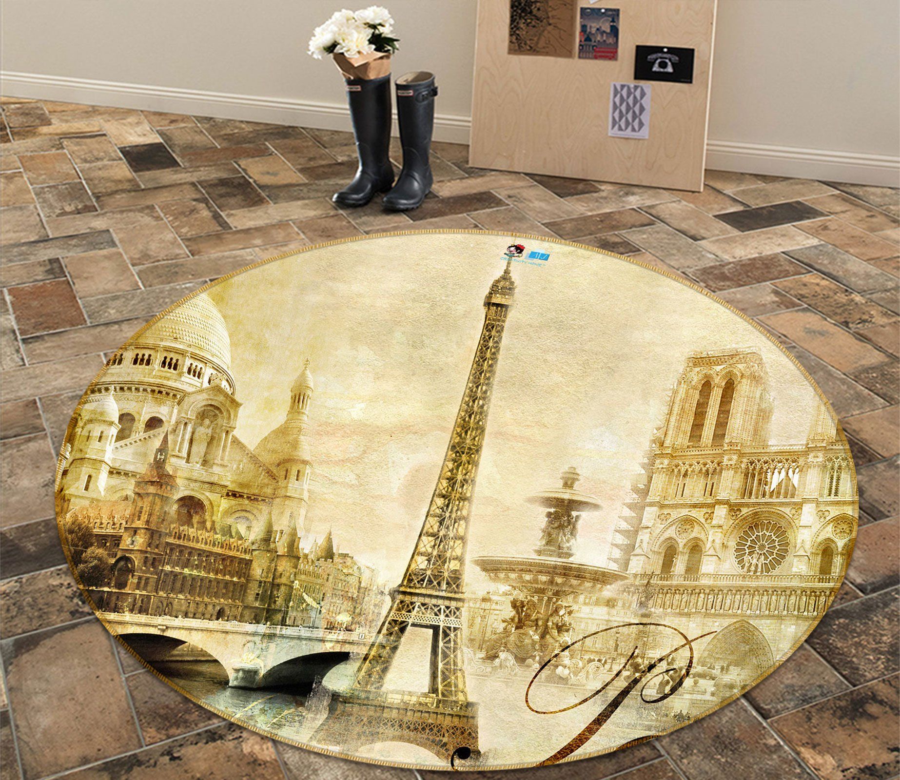 3d Vintage Eiffel Tower 80270 Round Rug Home Decor