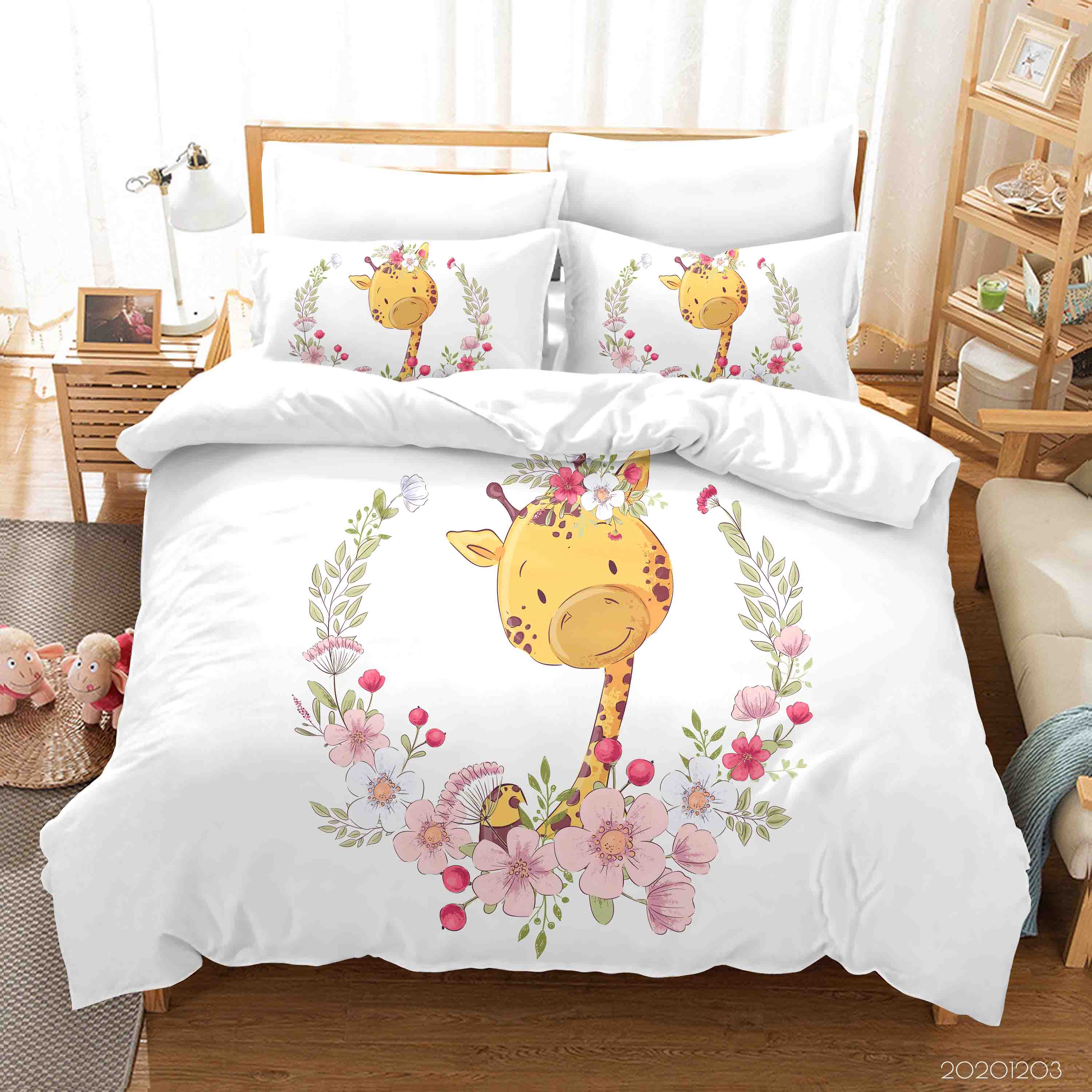 3D Cartoon Hand Drawn Pink Floral Plant Giraffe Animal Quilt Cover Set Bedding Set Duvet Cover Pillowcases Lxl