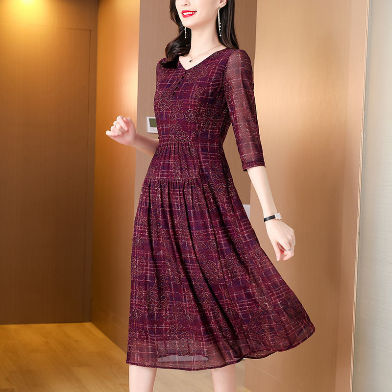 Vintage Casual Fashion High Waist Printed Dress Female Summer New Commuter Elegant Ladies Three Quarter Sleeve Slim Midi Dresses alx