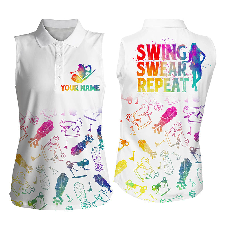 Womens Sleeveless Polo Shirt Custom Watercolor Golf Icons Swing Swear Repeat, Gifts For Golf Lovers