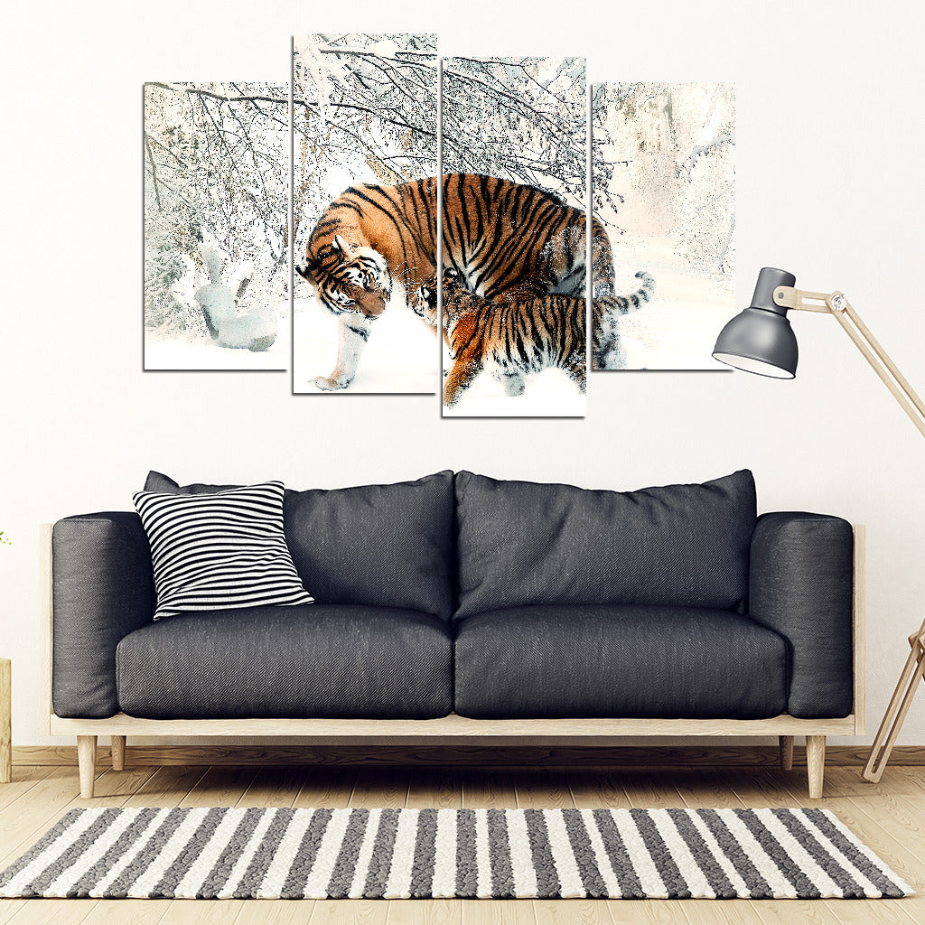 Tigers In Snow 4 Piece Framed Canvas Art