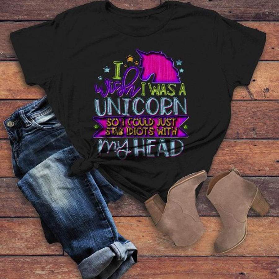 Women’s Funny Unicorn T Shirt Wish Stab Idiots Shirts Graphic Tee Hilarious Fantasy Animal Tshirt