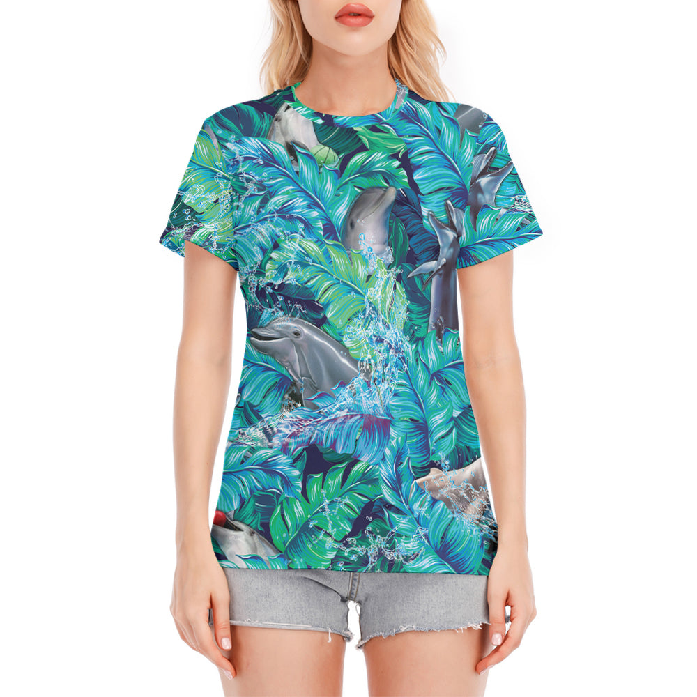 Dolphin Tropcial Monstera Hollow Round Neck T-Shirt