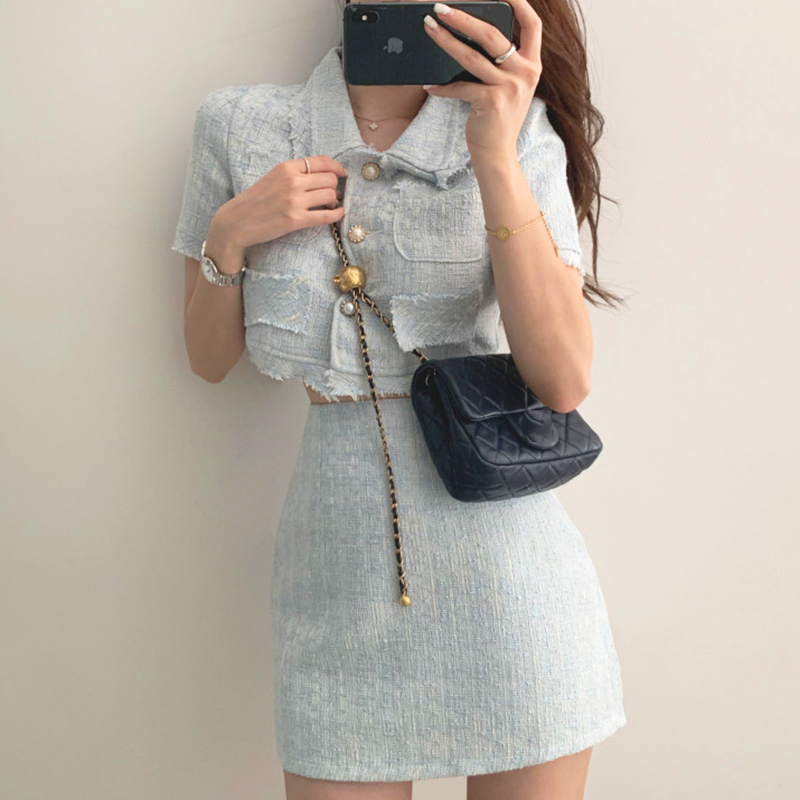 Women Summer Two 2 Piece Set Korean Style Elegant Single Breasted Tassel Short Sleeve Tops and High Waist Bodycon Mini Skirt alx