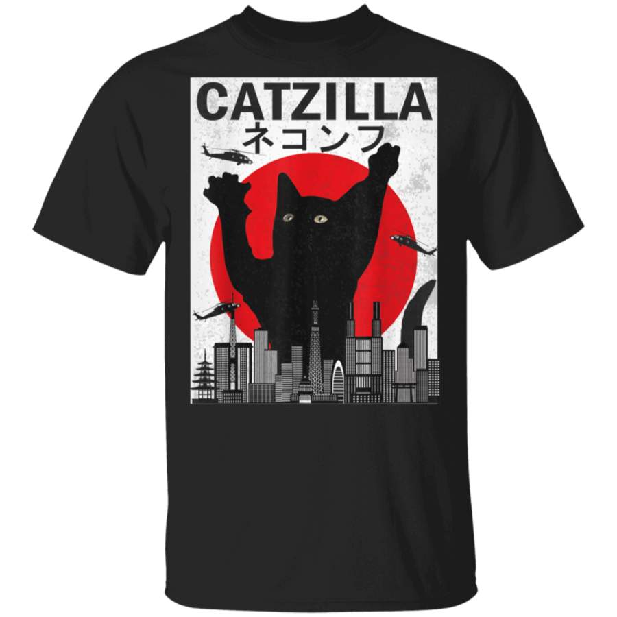 Vintage Catzilla Japanese Sunset Style Cat Kitten Lover TShirt