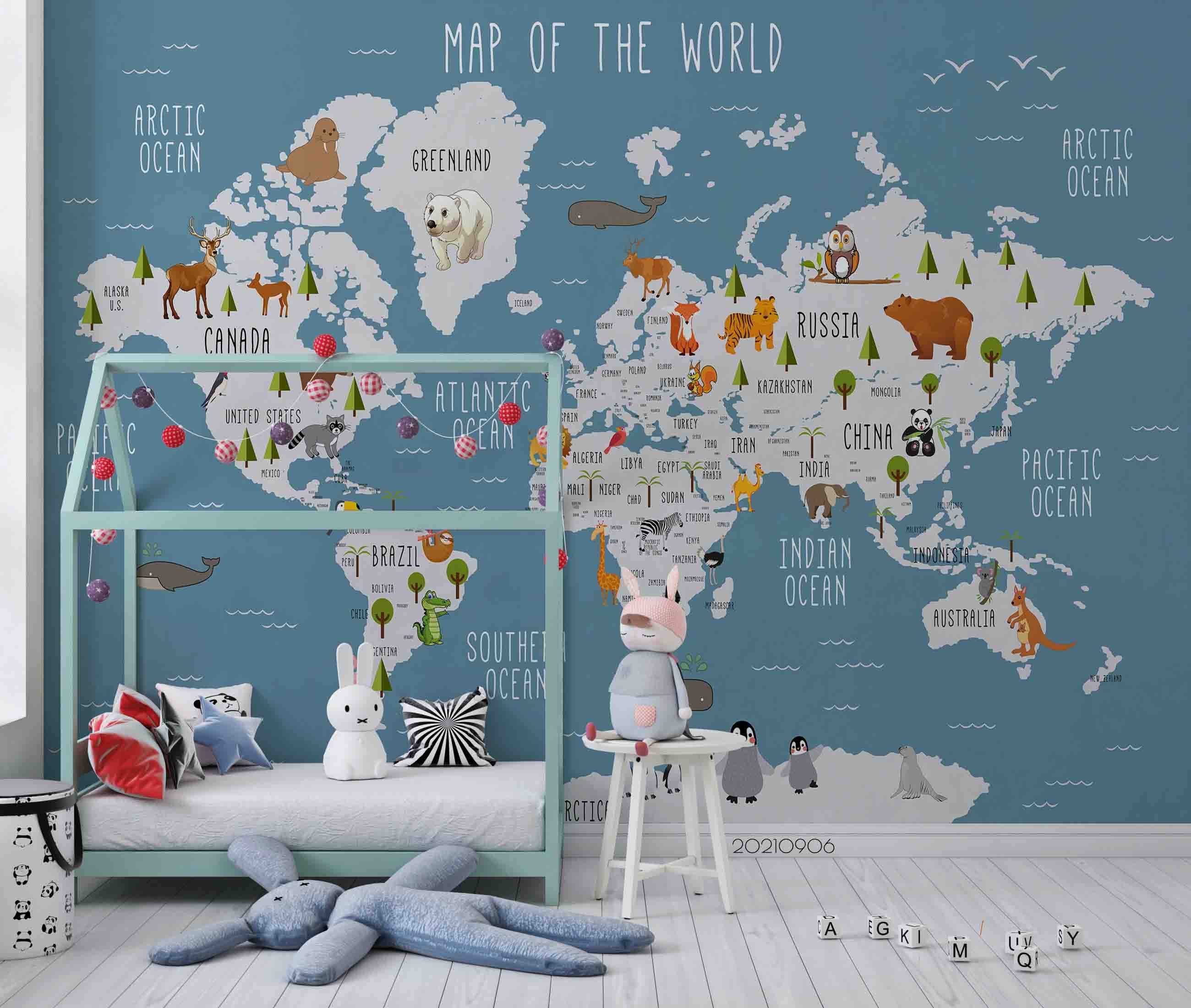 3D Blue World Map Animals Wall Mural Wallpaper Lqh 536