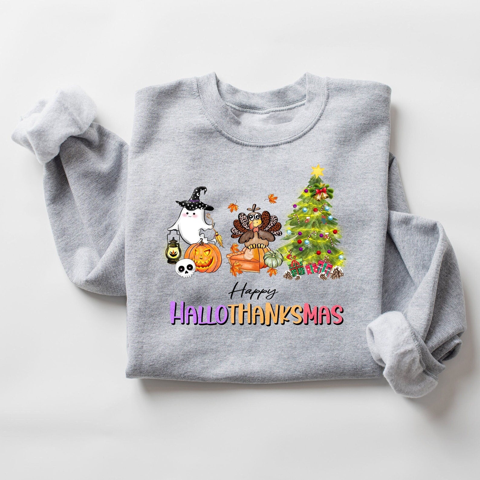 Happy Hallothanksmas Sweatshirt Halloween 2D Crewneck Sweatshirt All Over Print Sweatshirt For Women Sweatshirt For Men Sws3576