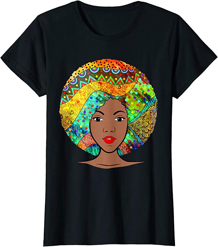 Womens Beautiful Black Afro Girl in Traditional African Art Hair T-Shirt