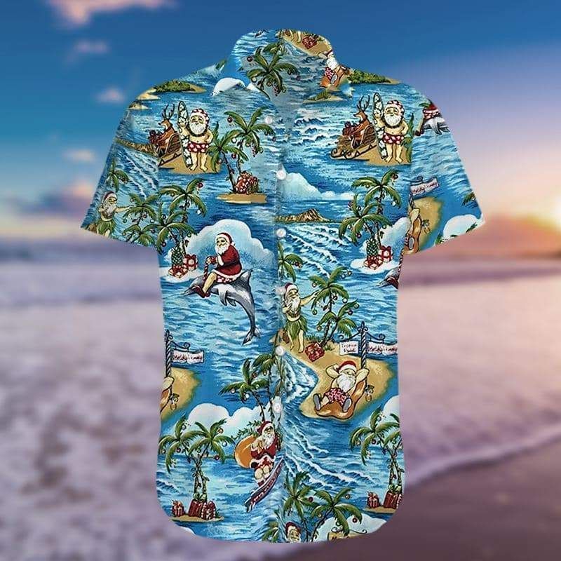 Find Funny Santa Claus Surfing Dolphin Summer Hawaii Aloha Shirts Ha32980