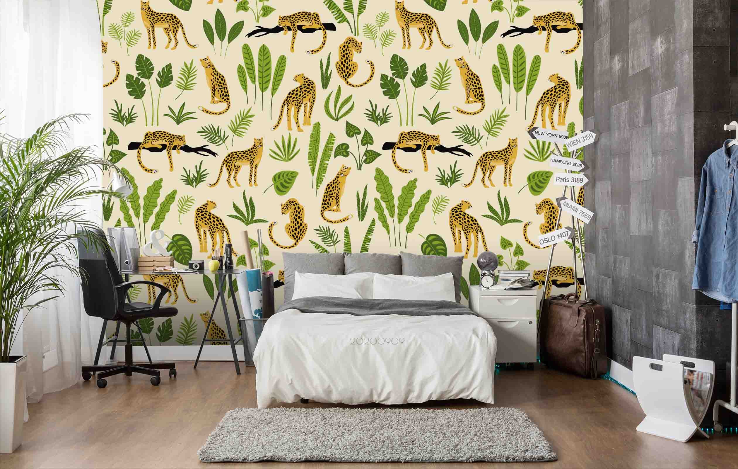 3D Cartoon Leopard Animal Green Tree Plant Wall Mural Wallpaper Lxl