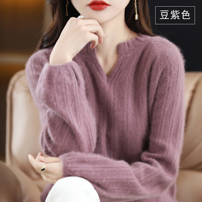 Women’s 100% Mink Cashmere Sweater Thick Super Warm Knit Pullover Autumn and Winter Fashion Puffy Sleeve Small V-Neck Ladies Top alx