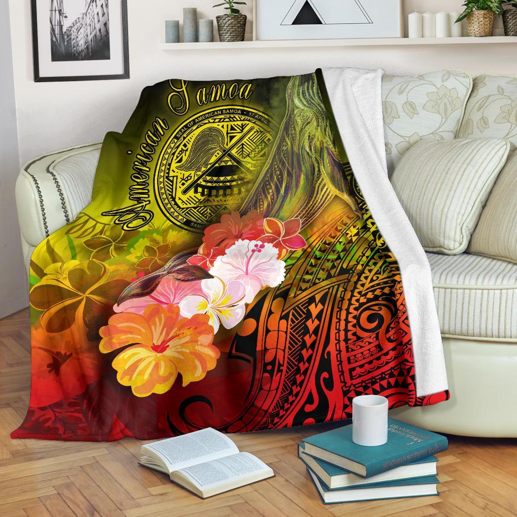 American Samoa Polynesian Premium Blanket – Humpback Whale With Tropical Flowers