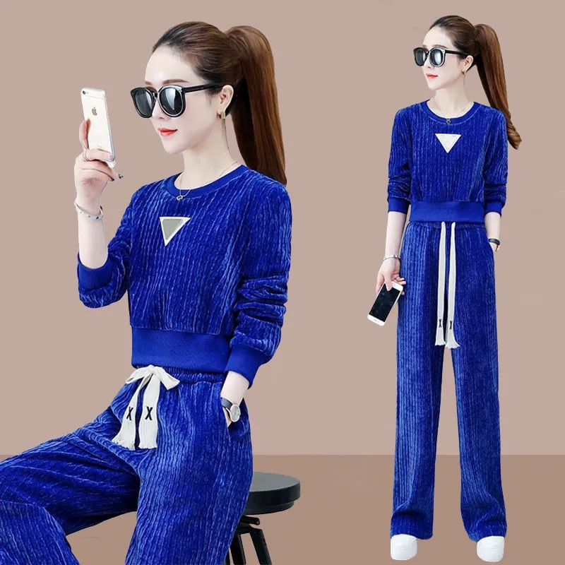 Casual Tracksuit 2 Piece Sets Women Outfits Spring Korean Loose Cropped Sweatshirt Top And Wide Leg Pant Suit Conjunto Femenino alx