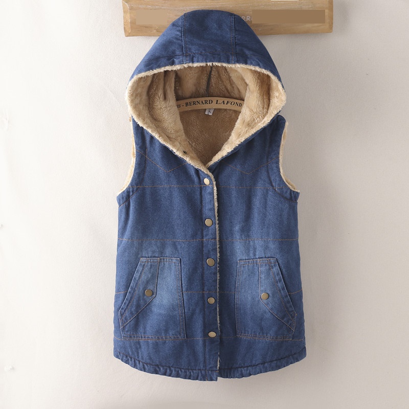 UHYTGF Autumn Winter Denim Vests Waistcoat Women Fashion Fleece Thick Lamb Cashmere Warm Vest Coat Sleeveless Short Jacket 995 alx