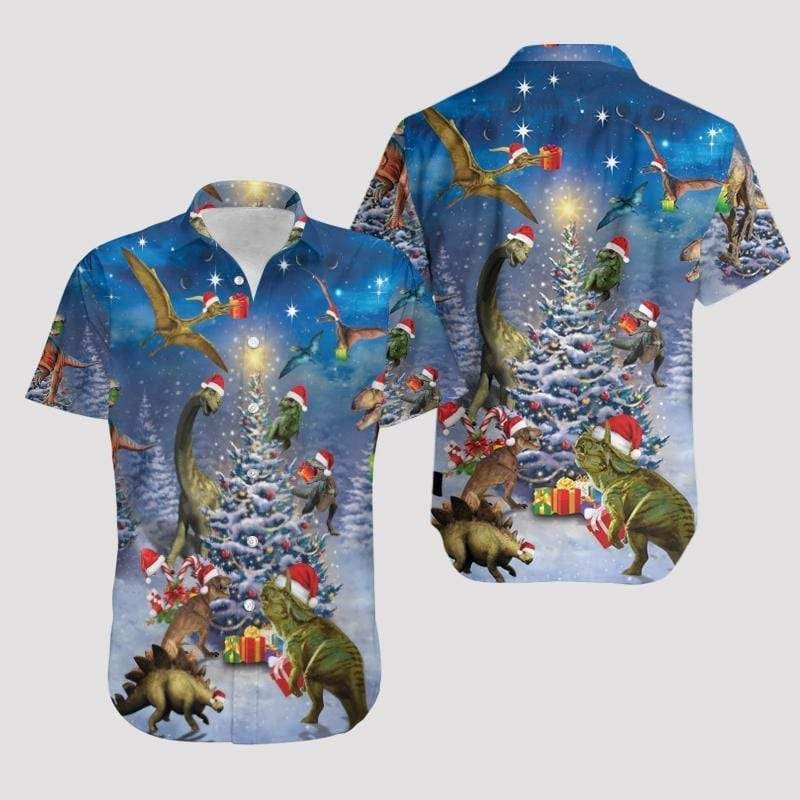 Order Amazing Dinosaur Reunion Under Christmas Tree Unisex Hawaii Shirts Ha90062