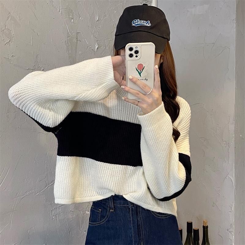 2021 autumn new loose sweet lazy knit top women all-match round neck cartoon cat blue womens sweaters alx