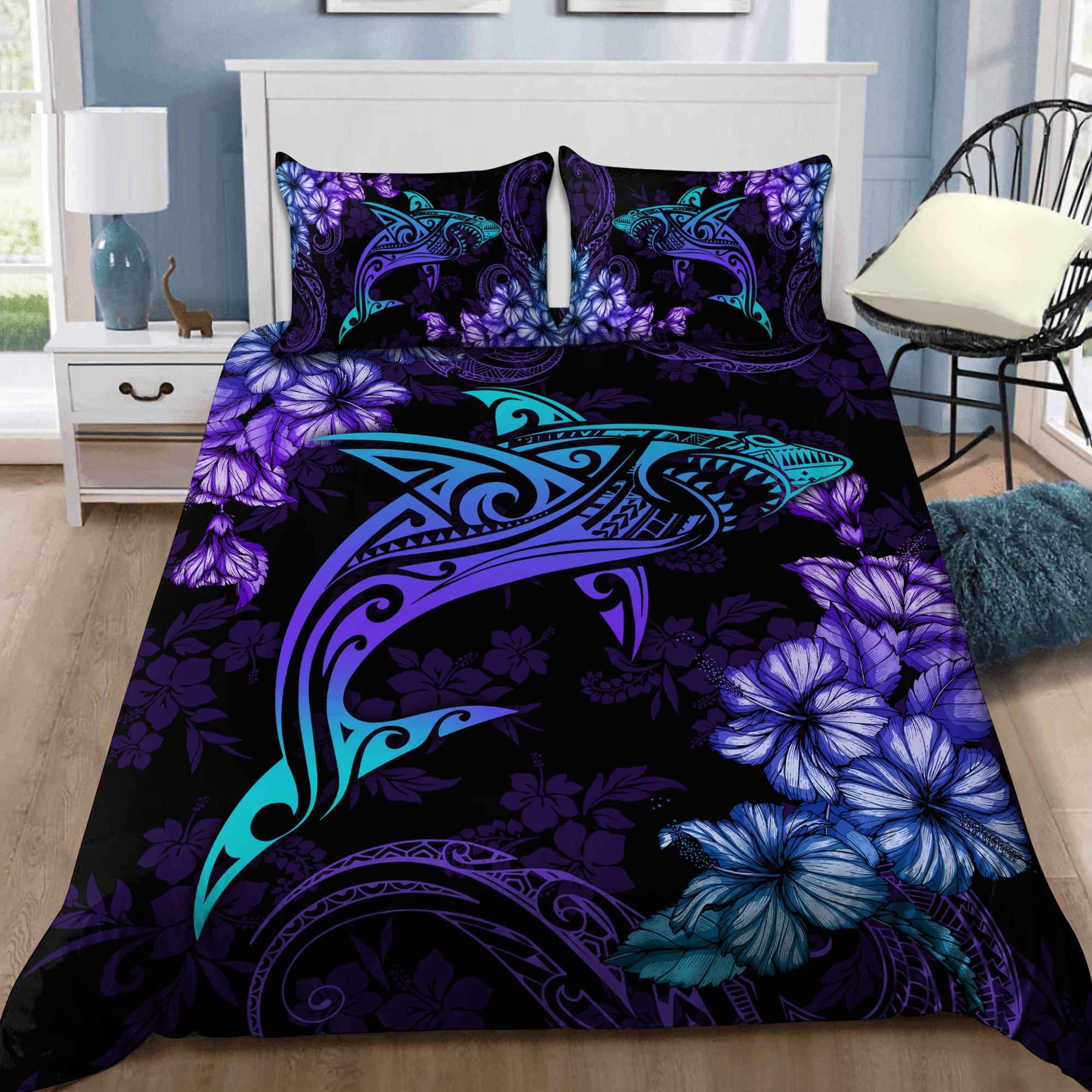 Tmarc Tee Beautiful Shark Hibiscus Hawaii Fishing Bedding Set Pi26062105