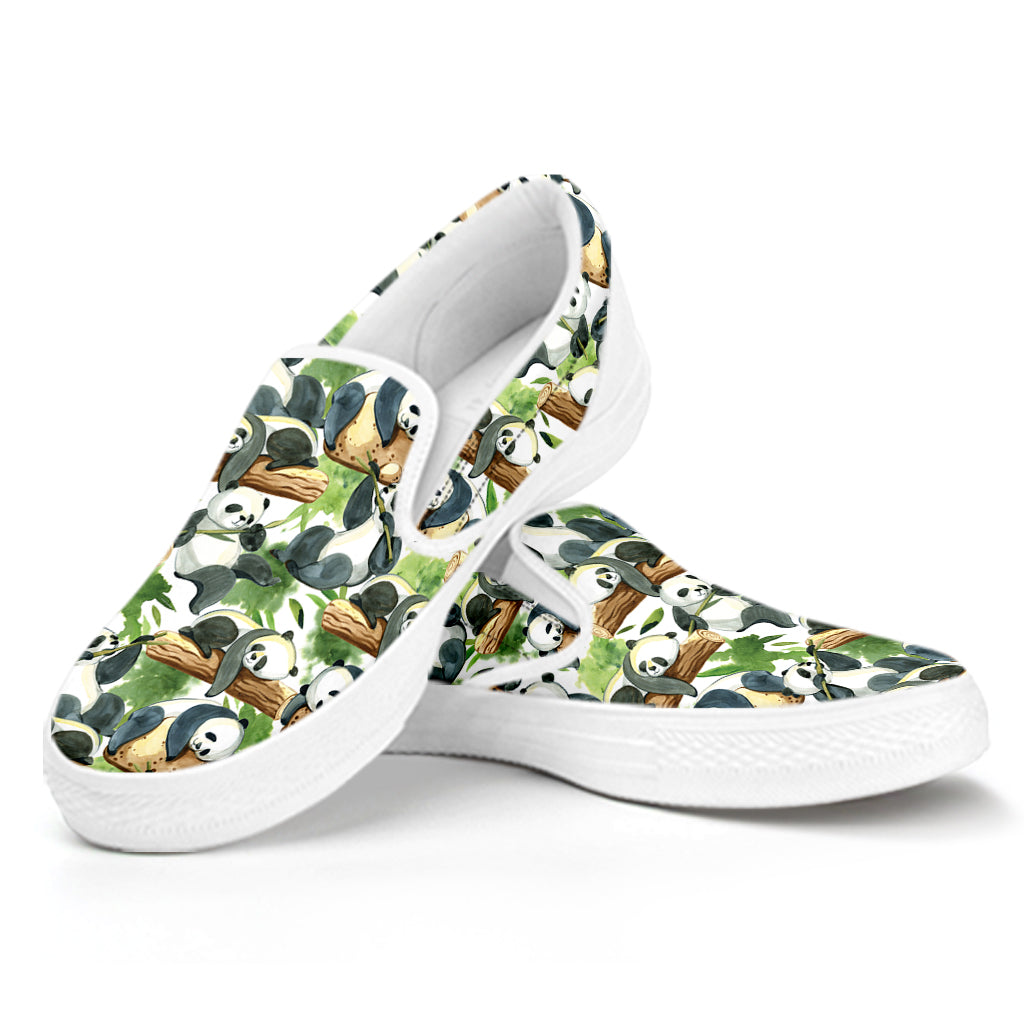 Watercolor Panda Bear Pattern Print White Slip On Shoes