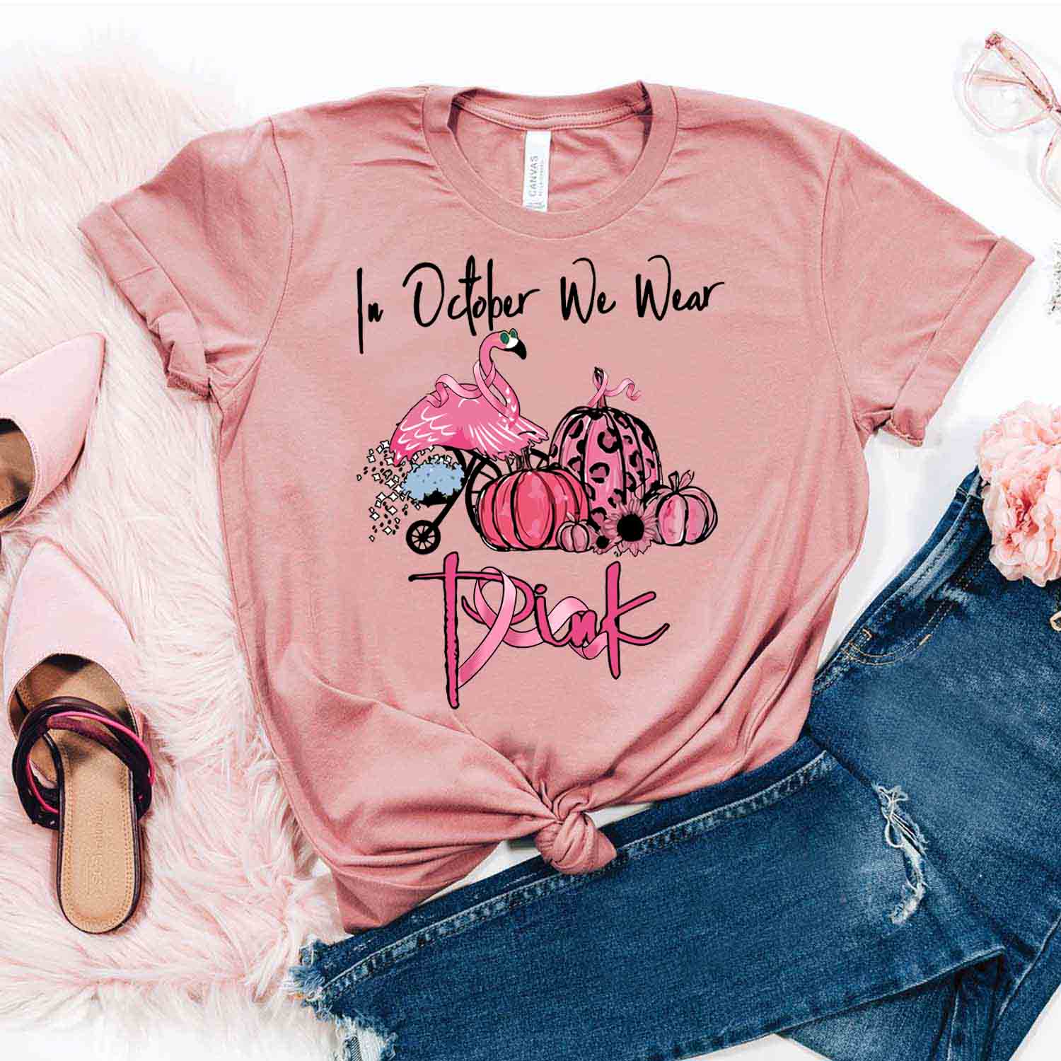 Pink Pumpkin And Flamingo Shirt – Breast Cancer Awareness T-Shirt Gifts For Mom Daughter Friends Hoodies Sweater Pink