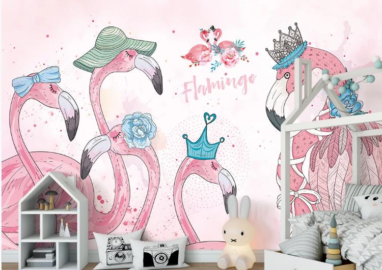 3D Hand Drawn Animal Pink Flamingo Wall Mural Wallpaper Lqh 450