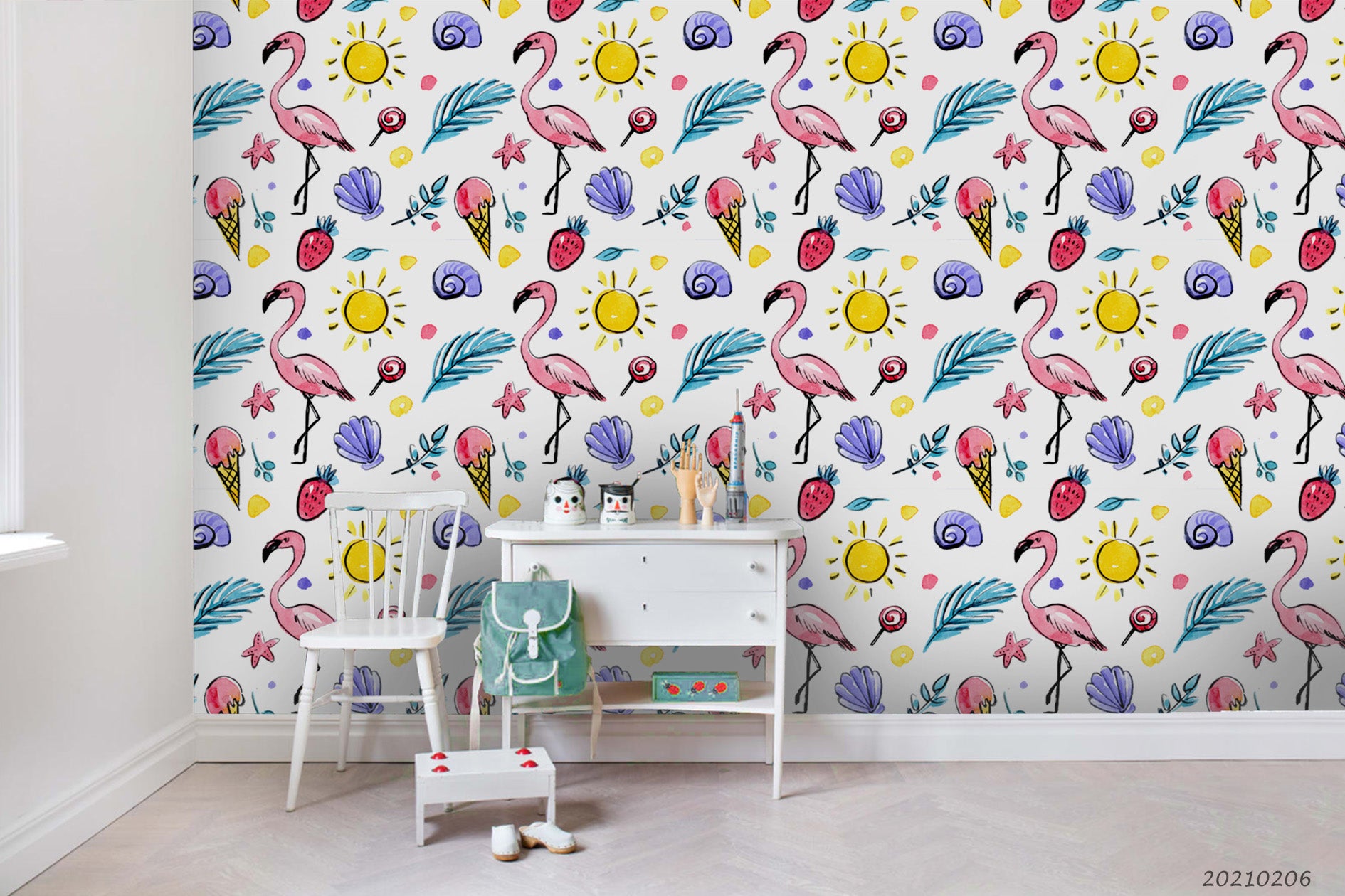 3D Hand Drawn Animal Flamingo Feather Fruit Wall Mural Wallpaper Lqh 297